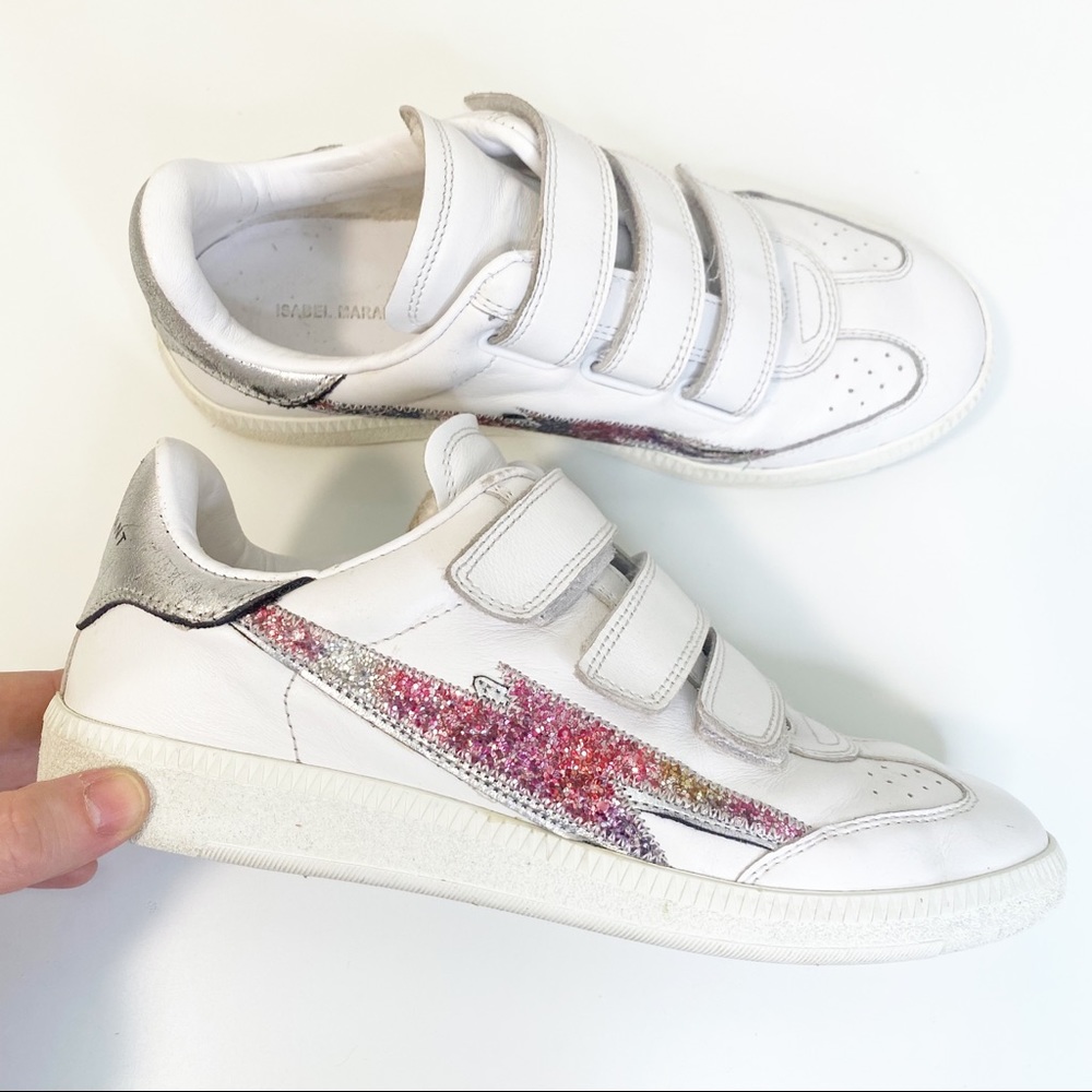 ISABEL MARANT Beth Leather Sneakers glitter lightning bolt 37 7- (6-6 1/2 fit)